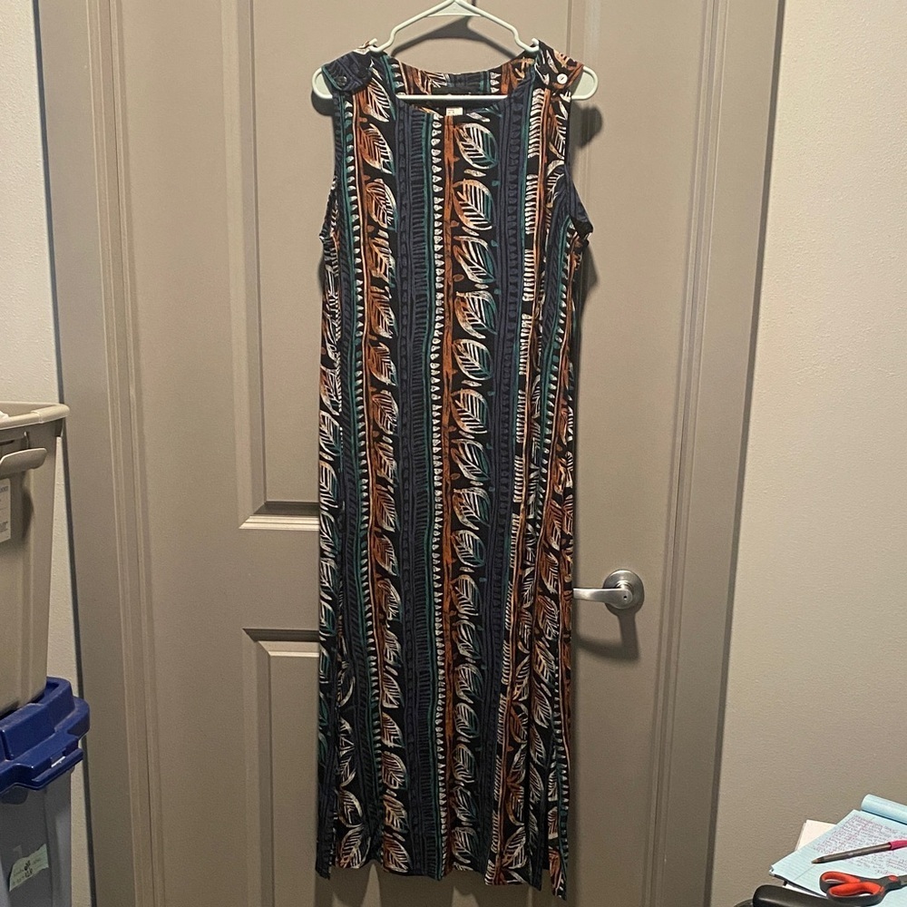 Sag Harbor Maxi Dress 16 Navy Rust Stripe Leaf Sleeveless Boho Travel Flowy Vaca